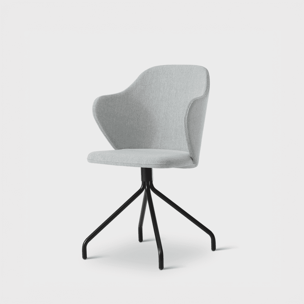 Drop 678 - Karmstol med vackert formade armstöd. Swivel-stativ i svart metall. Sits och rygg klädd i ett ljusgrått tyg.