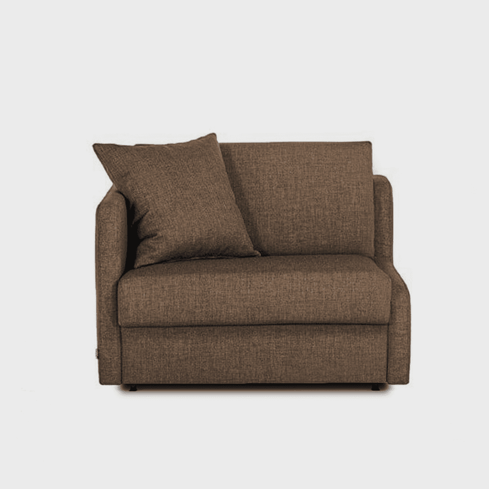 Pillow Chaise Longue är en nätt bäddfåtölj med en skön 14cm tjock, formfast Bonnel-bäddmadrass. Bäddfåtöljen är speciellt utvecklad för hotell. Fåtöljen är klädd i ett brunt tyg.